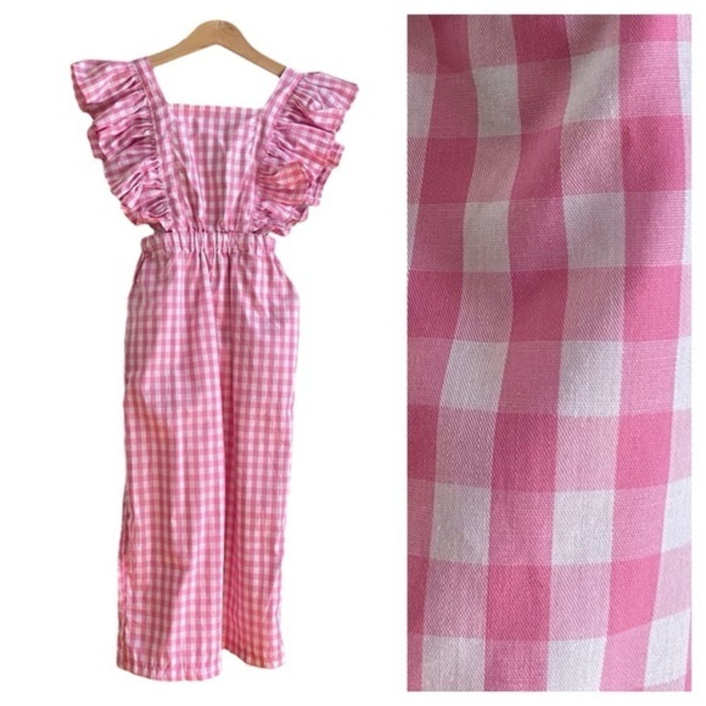 Bailey’s Blossoms Pink White Gingham Plaid Ruffle Pinafore Jumpsuit